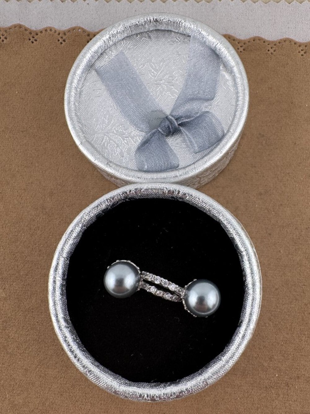 14K White Gold Plated Gray Pearl & Crystals Hoops